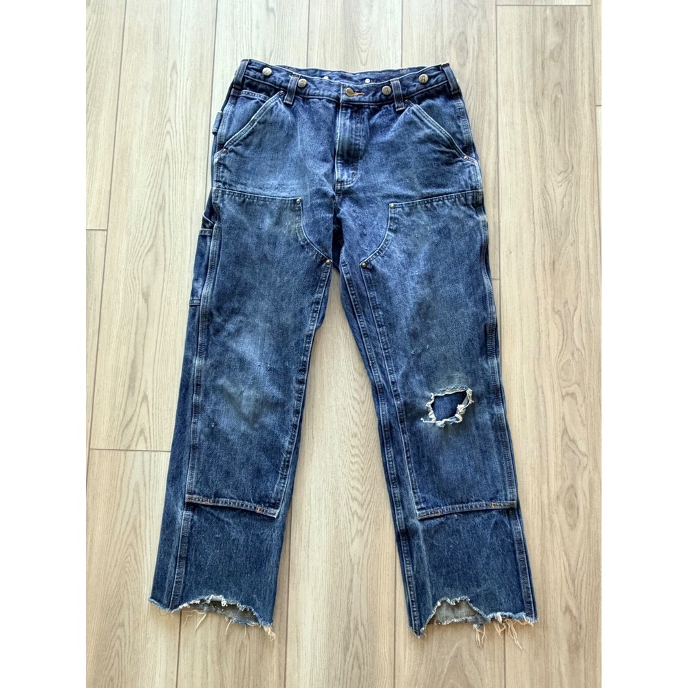Carhartt Double Knee Logger Jeans Mens 31x28 Blue Distressed Raw Hem B07 STW